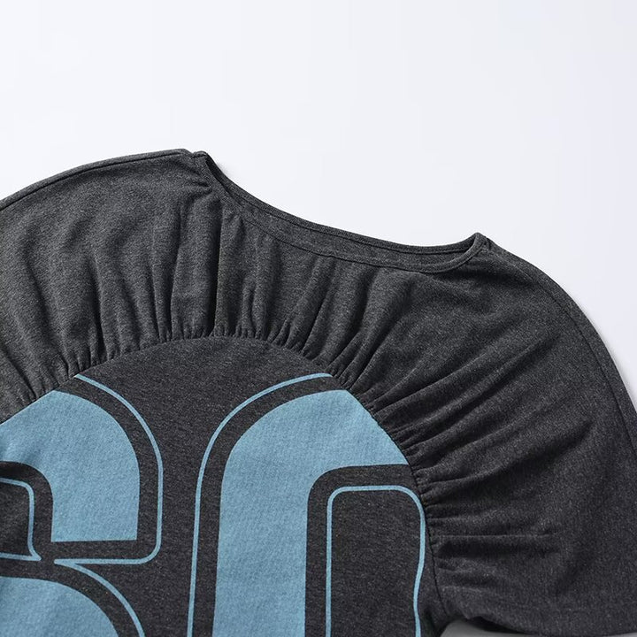 Damen lässiges Kurzarm-T-Shirt mit Raffung und grafischem Druck Drune