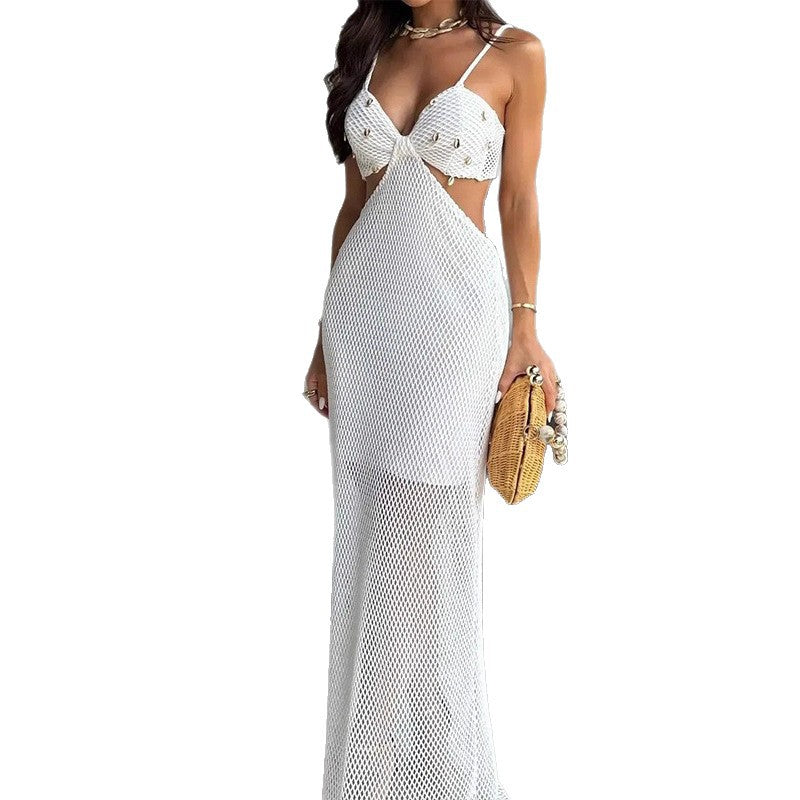 Damen Netz-Maxikleid mit seitlichem Schlitz und raffinierten Trägern Drune