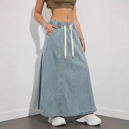 Damen Langer A-Linien Jeansrock mit elastischem Bund und Kordel Drune