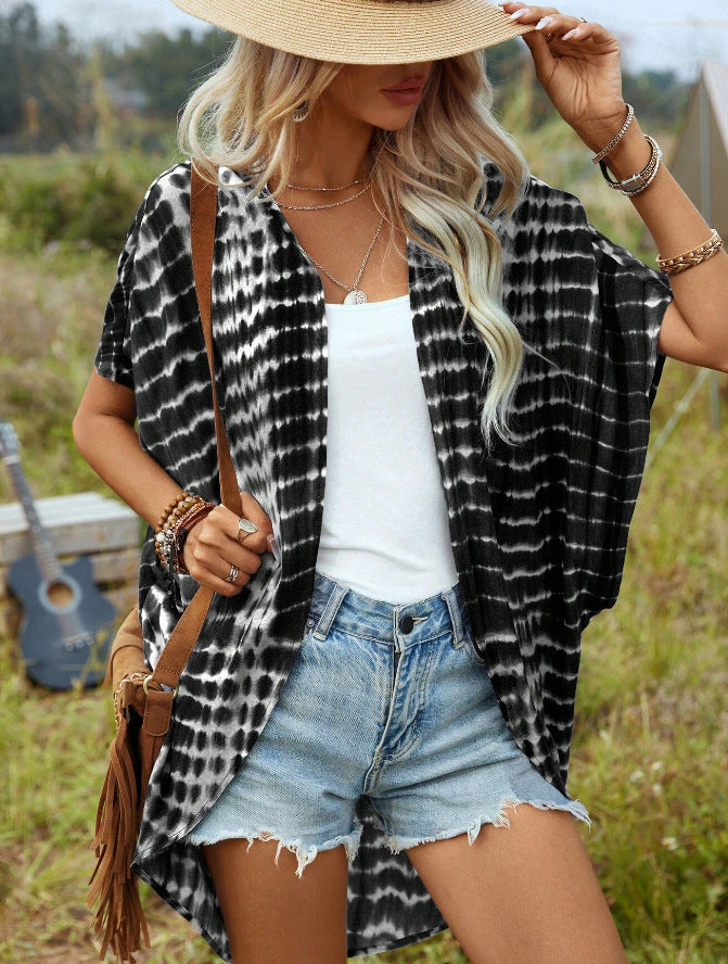 Damen Offener Leichter Kimono-Cardigan mit Batikmuster und Kurzarm Drune