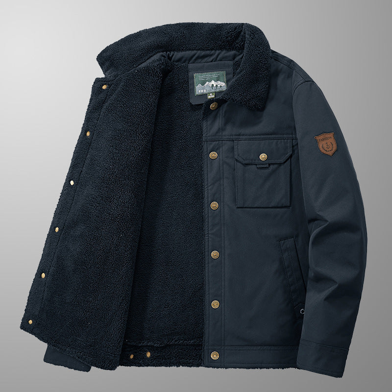 Herren Sherpa-gefütterte Canvas-Truckerjacke mit Teddyfutter und Utility‑Taschen Drune
