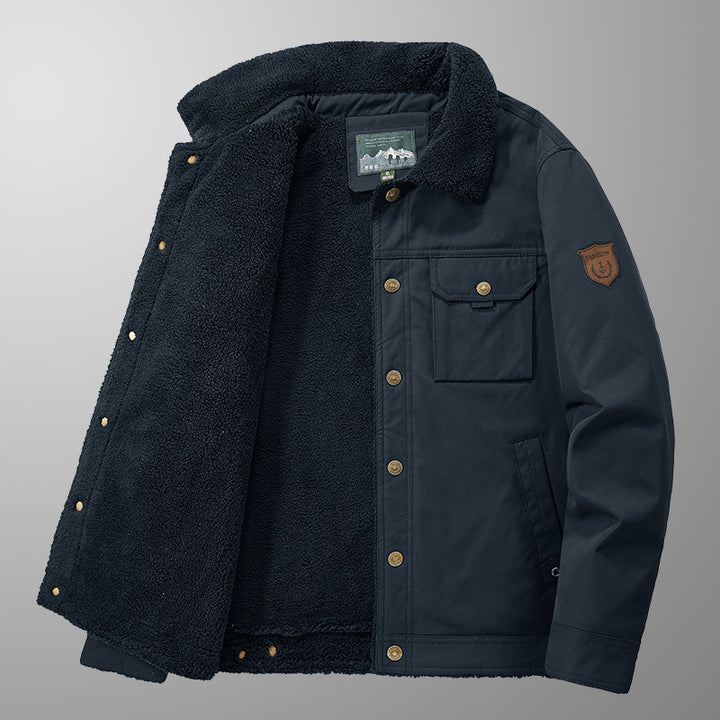 Herren Sherpa-gefütterte Canvas-Truckerjacke mit Teddyfutter und Utility‑Taschen Drune