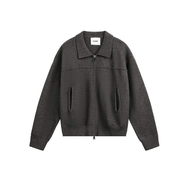 Herren Strick-Zipjacke mit Hemdkragen, Eingrifftaschen und geripptem Saum Drune