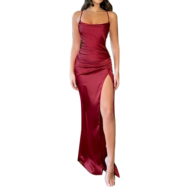Damen Elegantes Maxikleid mit raffiniertem Schlitz und glattem Obermaterial Drune