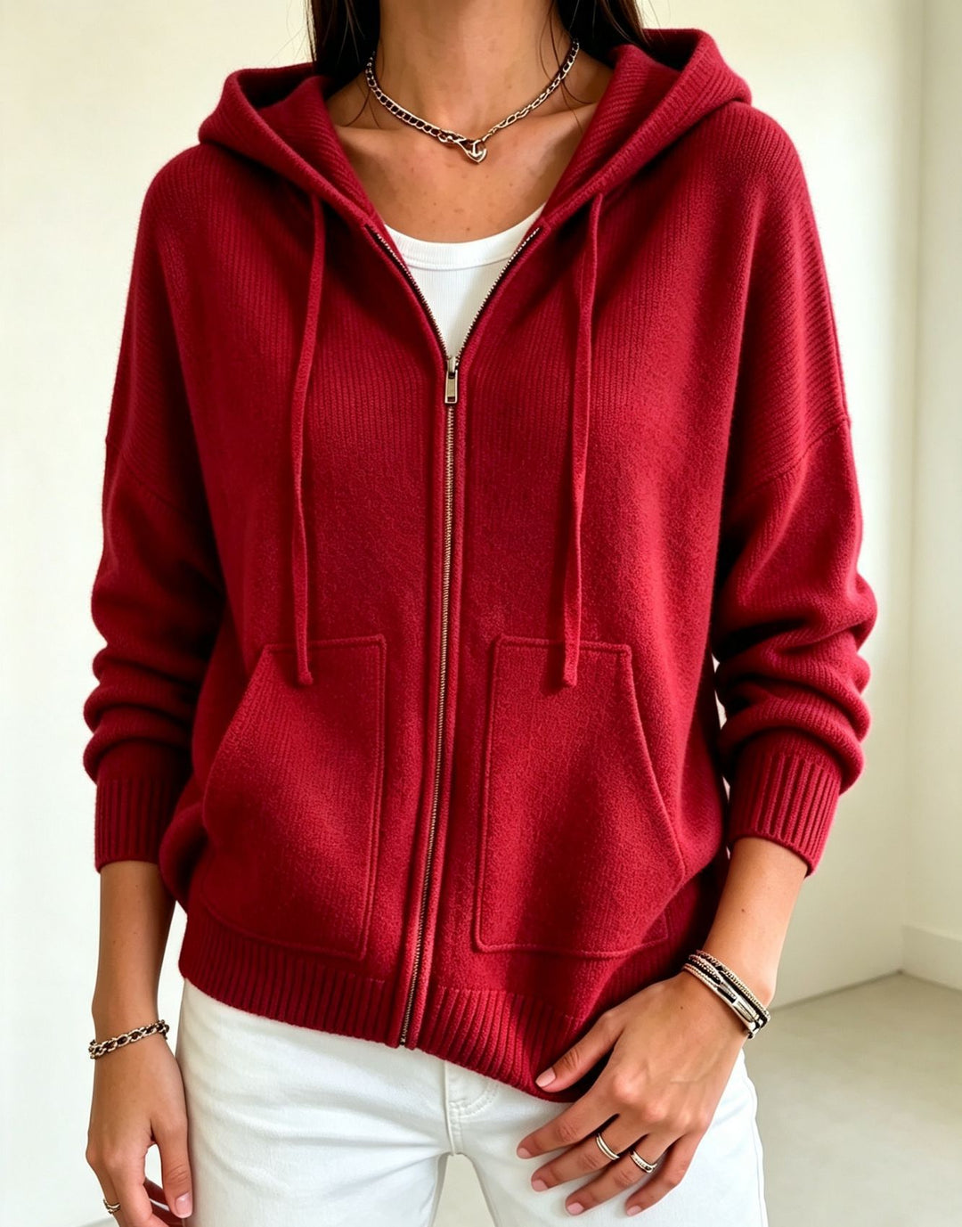 Damen Kapuzen-Wollmix Zip-Cardigan mit kastiger Passform und Kängurutaschen Drune