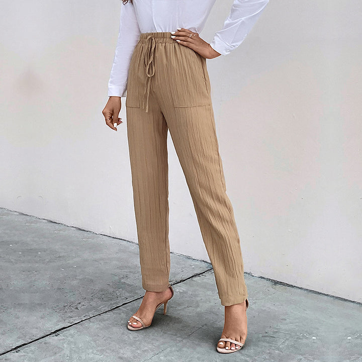 Damen Leichte Crinkle-Hose mit hohem Elastikbund, Tunnelzug und aufgesetzten Taschen Drune