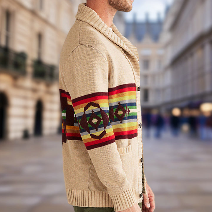 Herren Strickjacke mit bunten Mustern und gemütlichem Schalkragen Drune