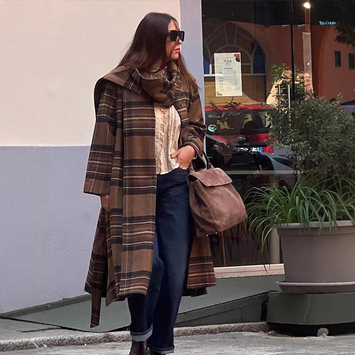 Damen Langmantel im Karo-Look aus Wollmix mit überlangem Stehkragen und Glockenärmeln Drune