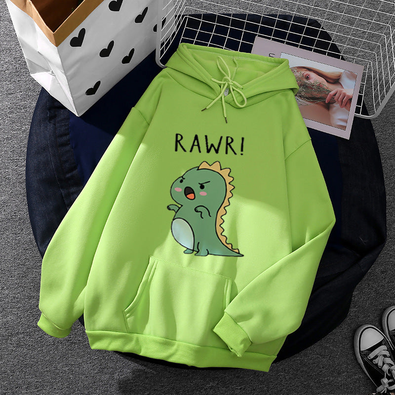 Damen nan Oversize-Kapuzenpullover mit kawaii Dinosaurier-Motiv, gerippten Bündchen und Kängurutasche Drune