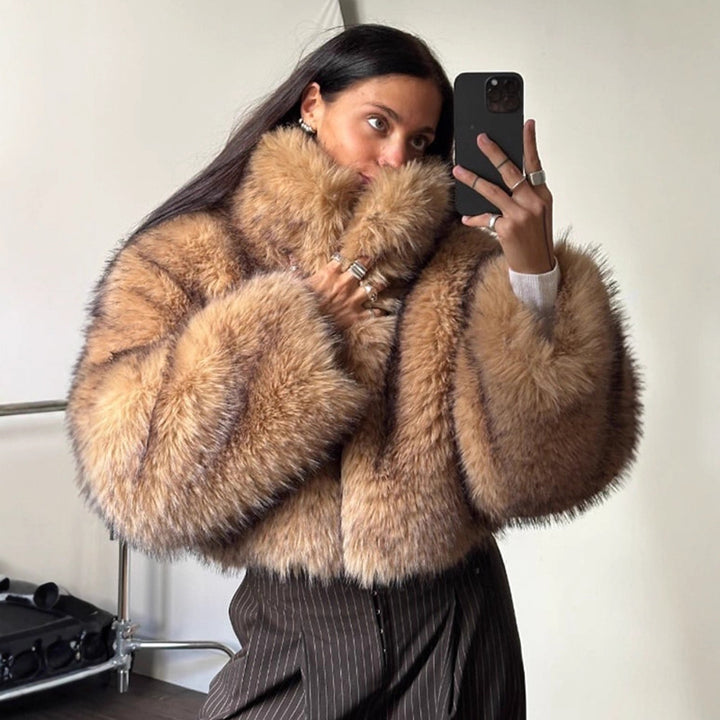 Damen Luxus-Kunstpelz-Cropped-Bomber mit Oversized-Ärmeln und hohem Schalkragen Drune