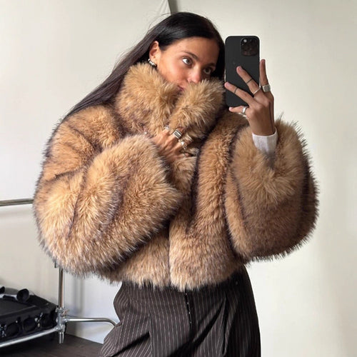 Damen Luxus-Kunstpelz-Cropped-Bomber mit Oversized-Ärmeln und hohem Schalkragen Drune