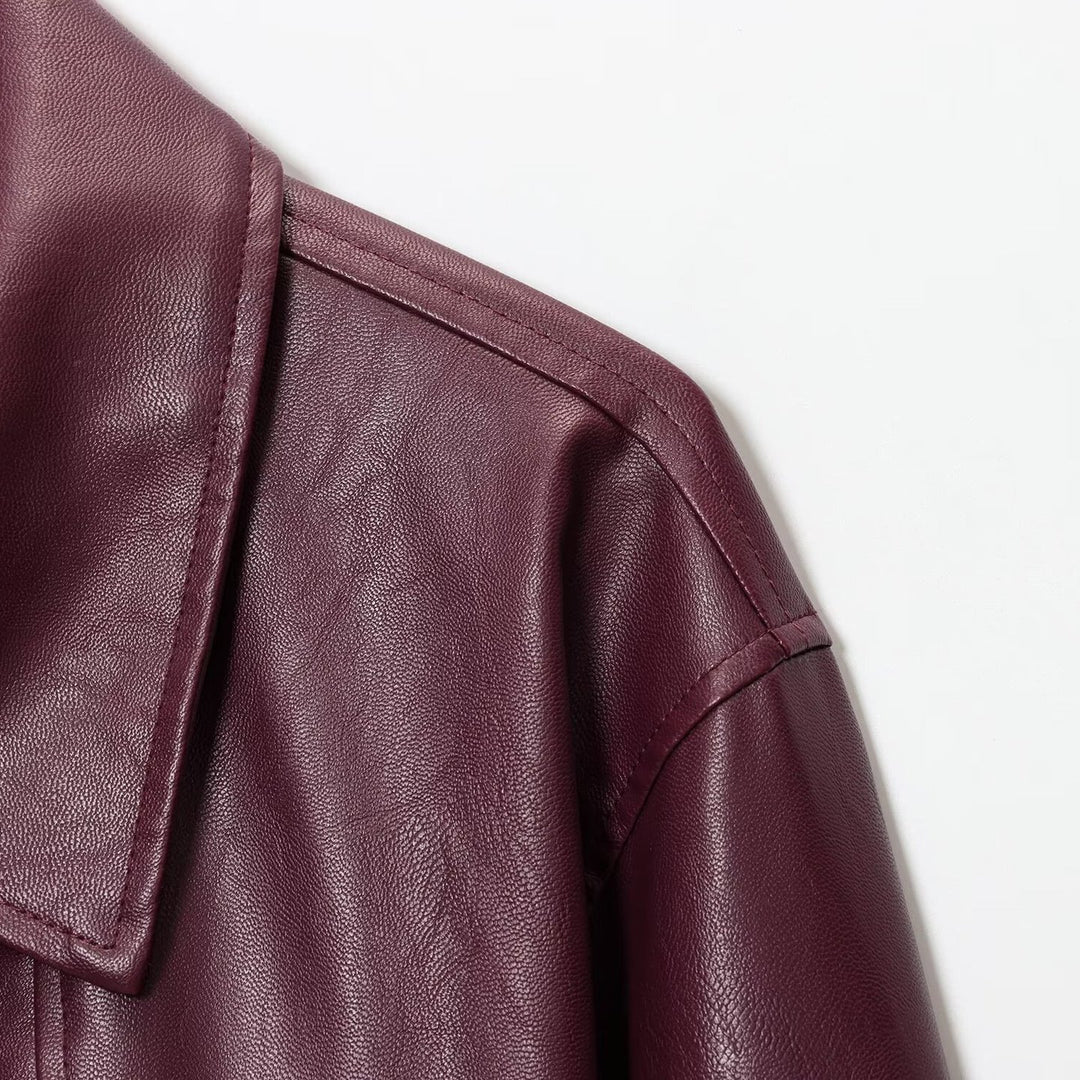 Damen modische Kunstlederjacke mit elastischem Bund und Stehkragen Drune