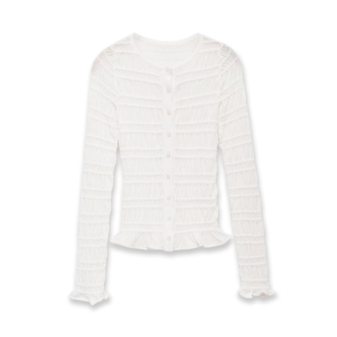 Damen Gesmoktes Feinstrick-Cardigan mit Rüschenabschluss und Knopfleiste Drune