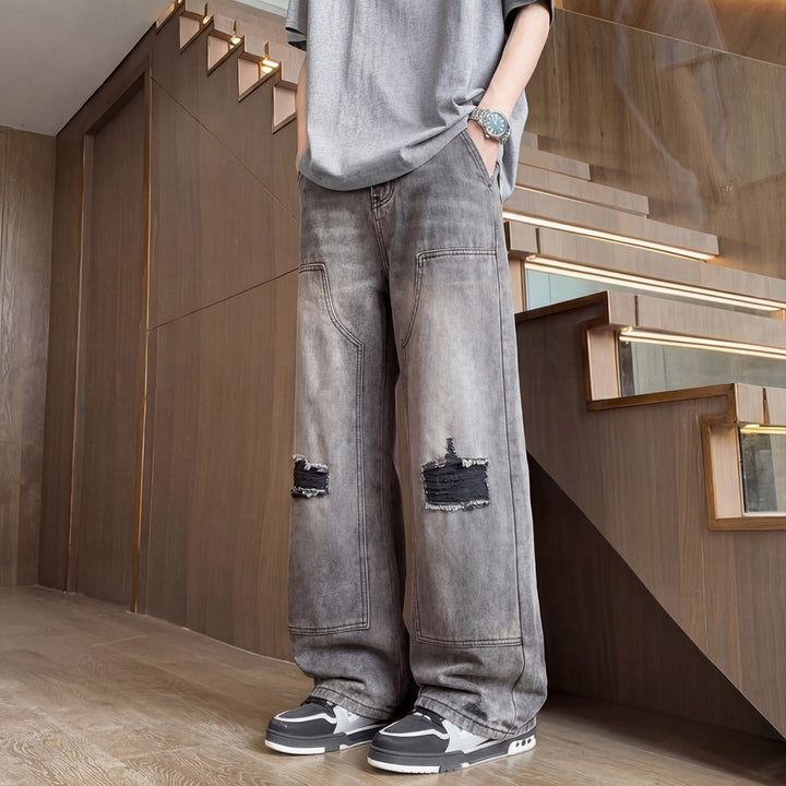 Herren Weite Baggy-Jeans mit Used‑Wash, Knie‑Rips & Utility‑Nähten Drune