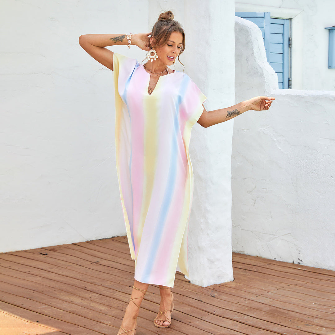Damen lässiges Strandkleid mit V-Ausschnitt und luftigen Ärmeln Drune