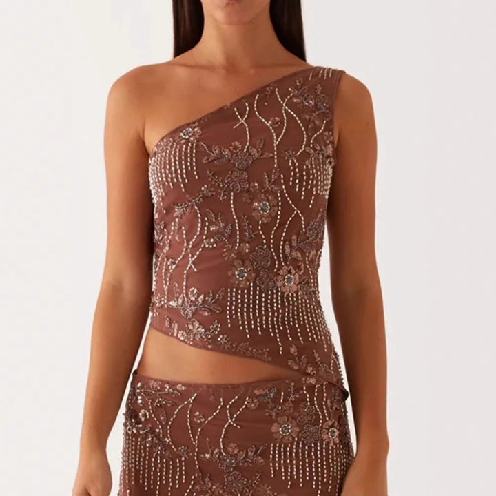 Damen asymmetrisches Oberteil mit floralem Strassdesign Drune