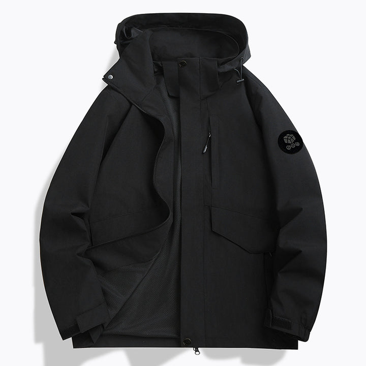 Herren Wetterfeste Softshell‑Jacke mit Mesh‑Futter, verstellbarer Kapuze und abdeckbarer Reißverschlussleiste Drune