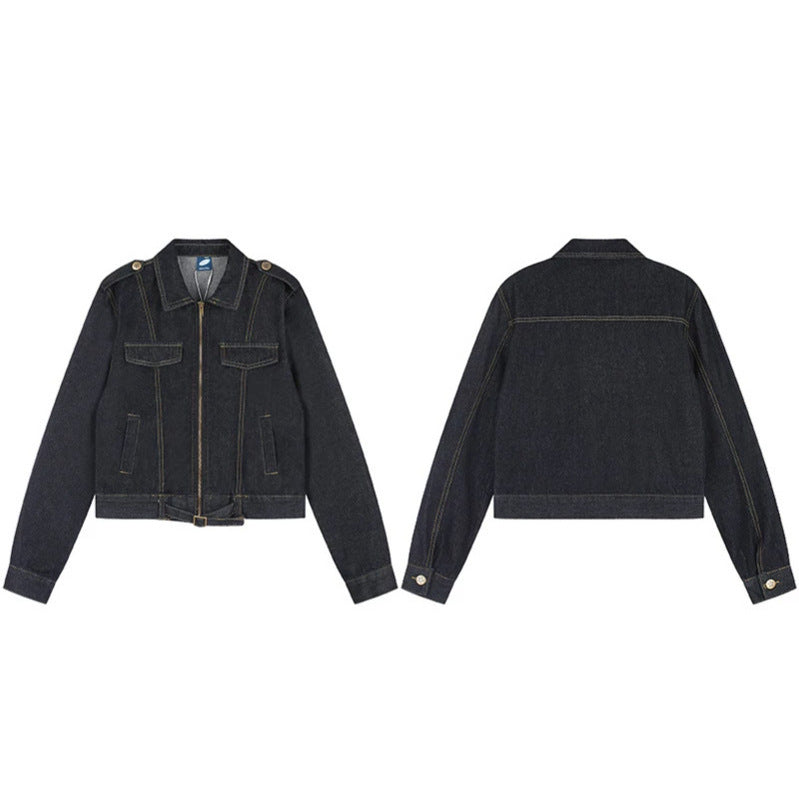 Damen Kurz geschnittene Jeansjacke mit Schulterklappen, Reißverschluss und Taillengürtel Drune