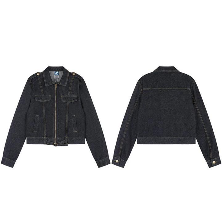 Damen Kurz geschnittene Jeansjacke mit Schulterklappen, Reißverschluss und Taillengürtel Drune