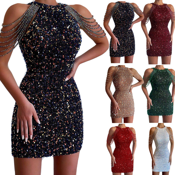 Damen Mini-Kleid mit glänzender Paillettenverzierung und eleganten Kettenärmel Drune