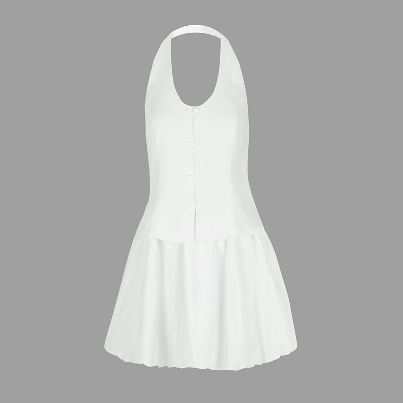 Damen Neckholder Kleid mit verspieltem Saum und raffinierten Knöpfen Drune