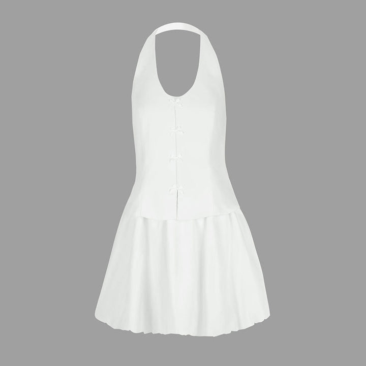 Damen Neckholder Kleid mit verspieltem Saum und raffinierten Knöpfen Drune