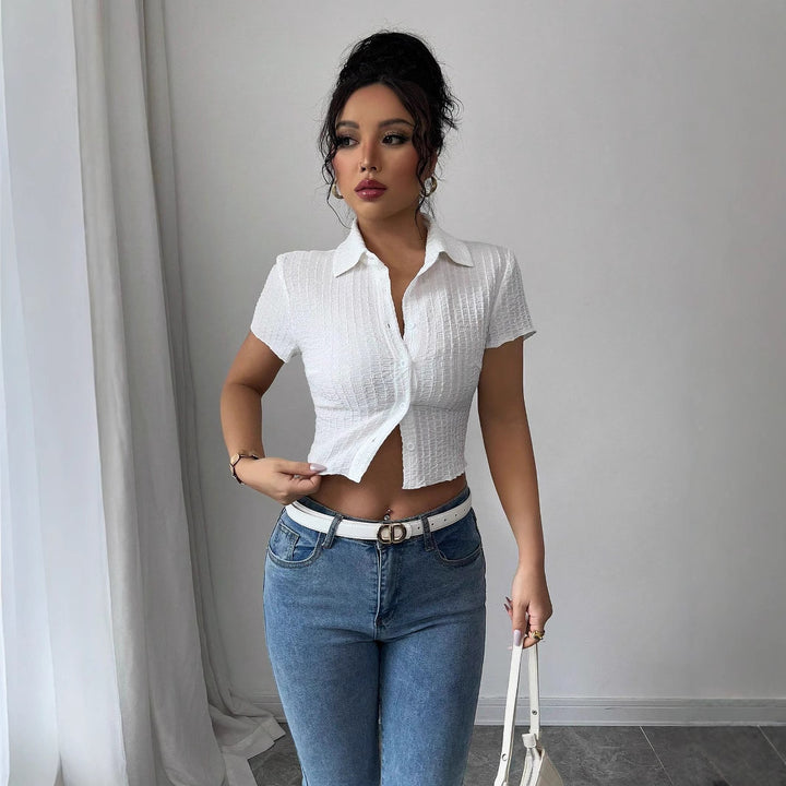 Damen nan taillierte bauchfreie Kurzbluse mit Kreppstruktur Hemdkragen und Knopfleiste Drune