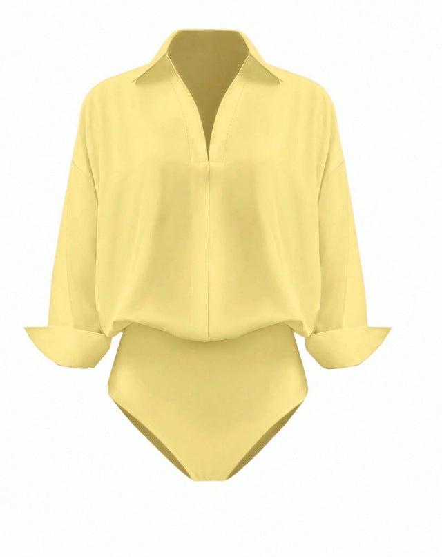 Damen Eleganter Hemdblusen-Body mit V-Ausschnitt, Oversize‑Schnitt und Umschlagmanschetten Drune