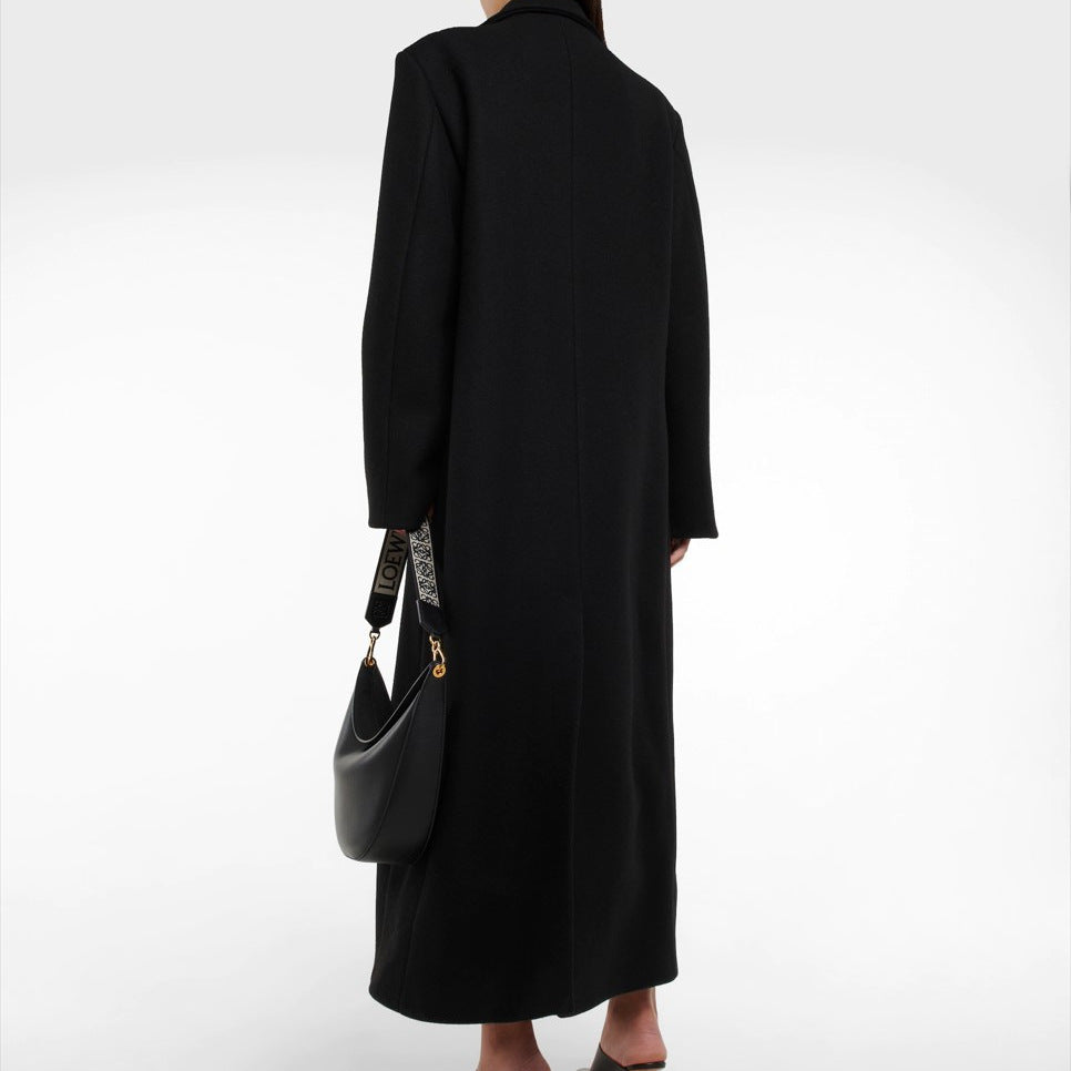 Damen Bodenlanger Longline Einreiher Wollmix-Mantel mit markanter Schulterpartie Drune