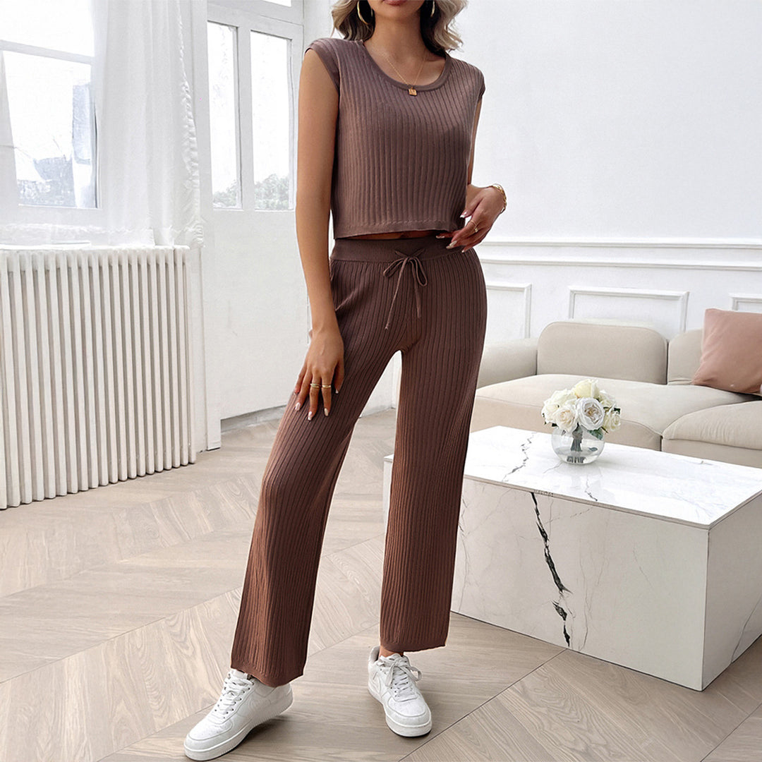 Damen Strick Zweiteiliges Set mit cropped Oberteil und weiter Hose Drune