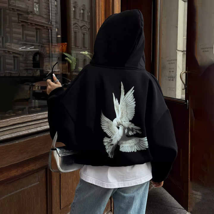 Damen Kapuzensweater mit kunstvollem Vogelmotiv und entspannter Passform Drune