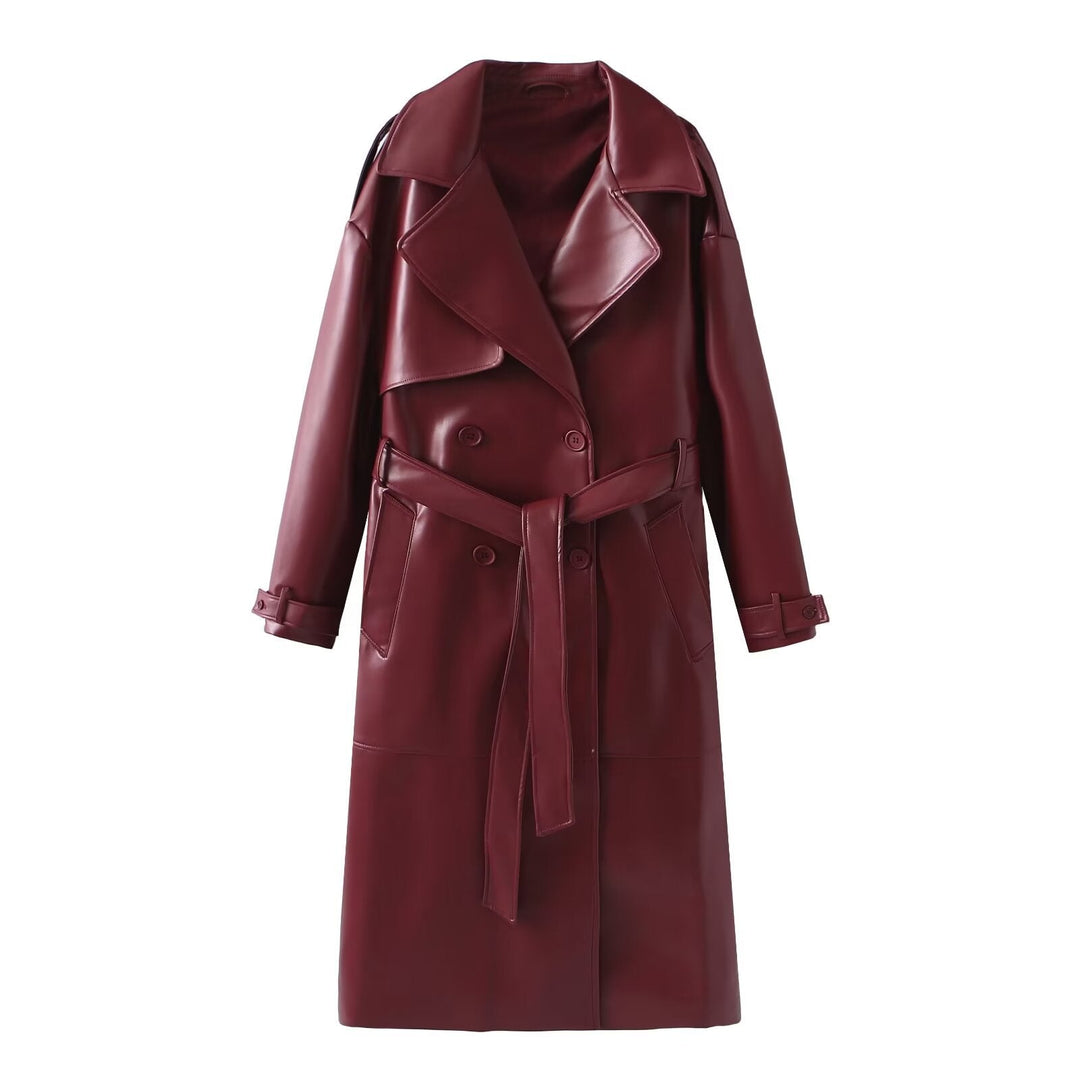 Damen Kunstleder-Trenchcoat mit modischem Schnitt und praktischen Taschen Drune