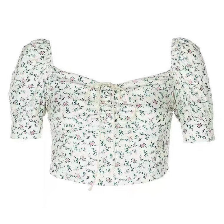 Damen Crop-Top mit Puffärmeln und floralem Design