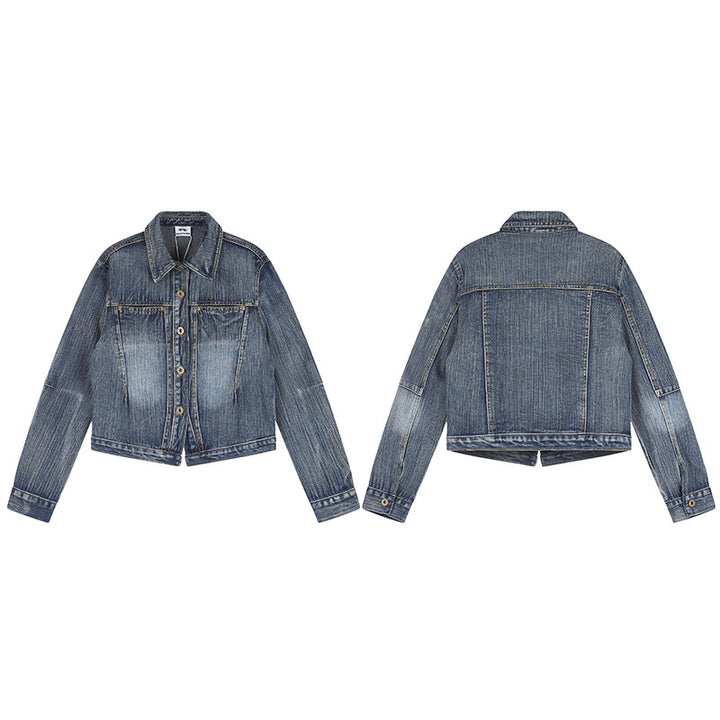 Damen Kurz geschnittene Boxy-Denimjacke mit Vintage-Washed-Effekt und durchgehender Knopfleiste Drune