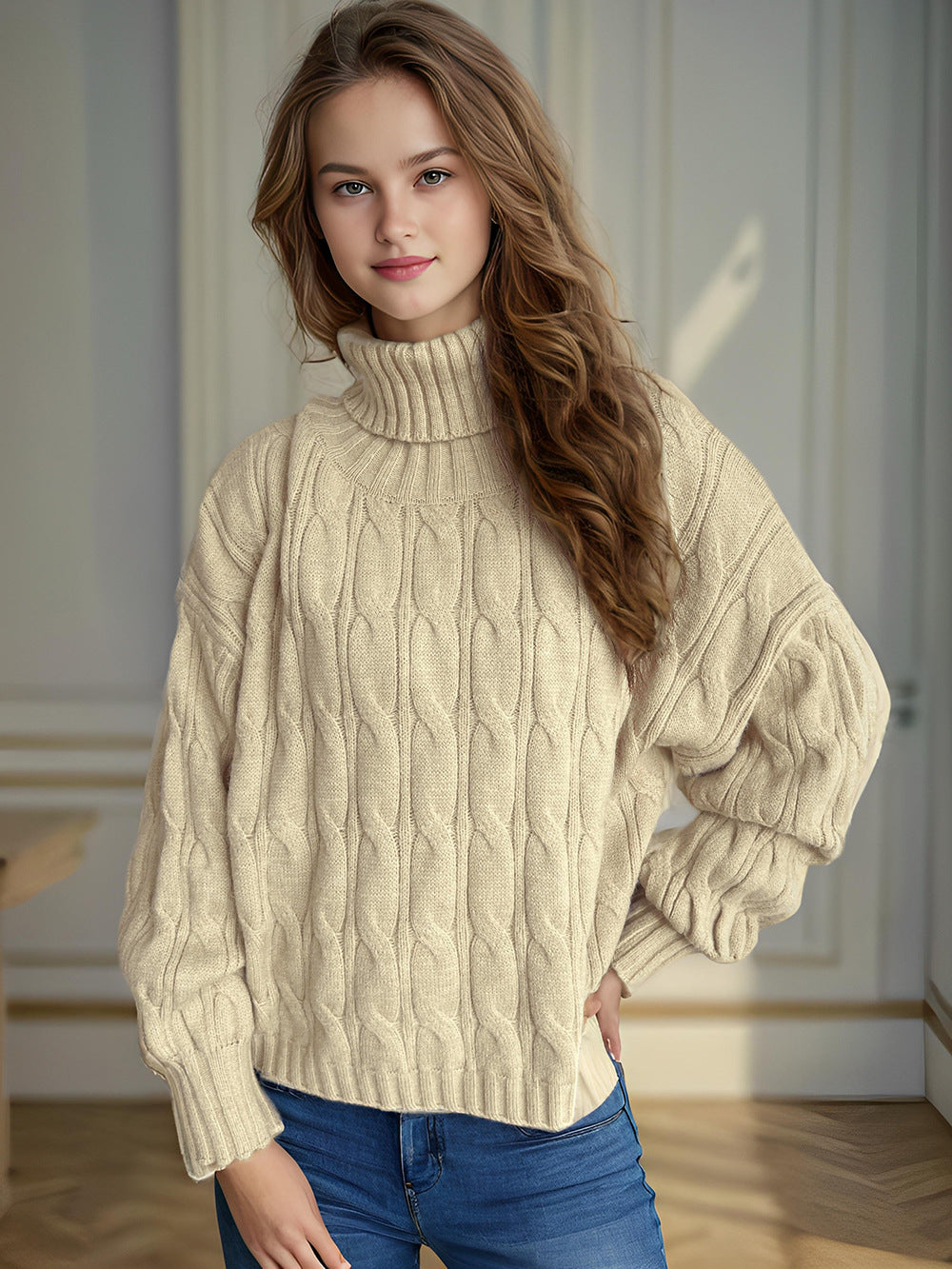 Damen Grobstrickpullover mit hohem Kragen und innovativem Zopfmuster Drune
