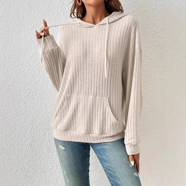 Damen lässiger Kapuzenpullover mit Rippenstruktur und Kängurutasche Drune