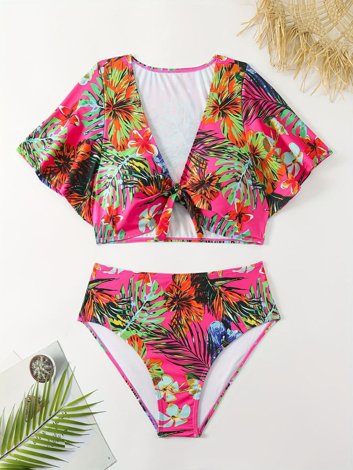 Damen Bikini-Set mit floralen Mustern und leichtem Überwurf Drune