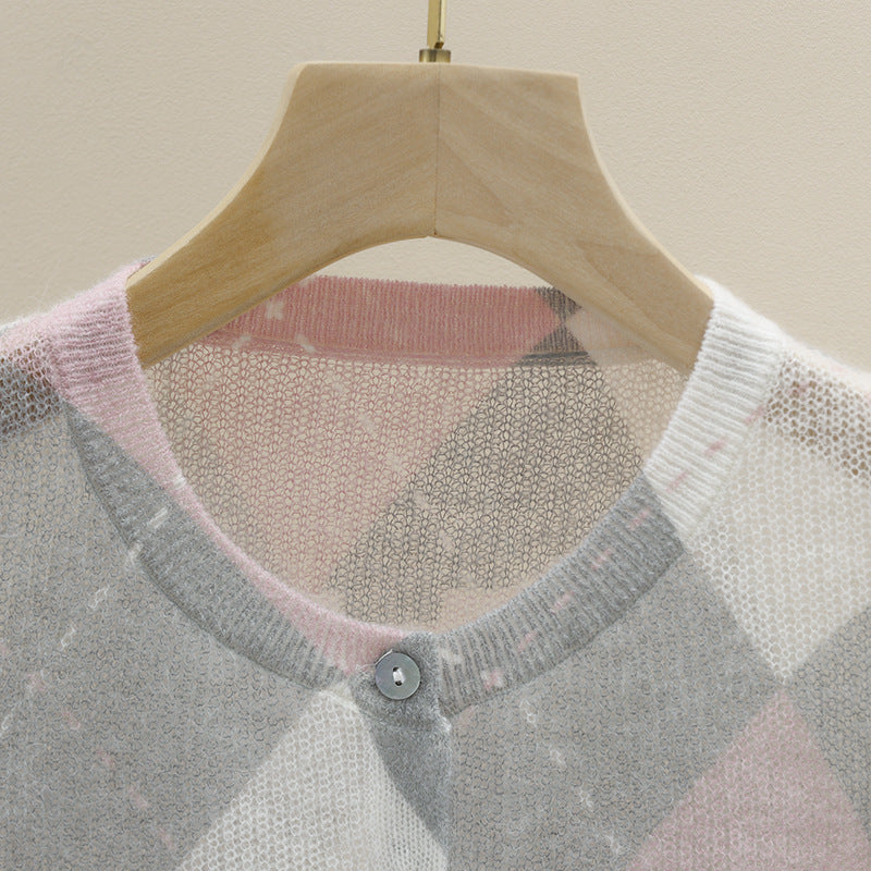 Damen Feiner Rundhals-Cardigan mit Rauten‑Argyle‑Muster aus leichtem Feinstrick Drune