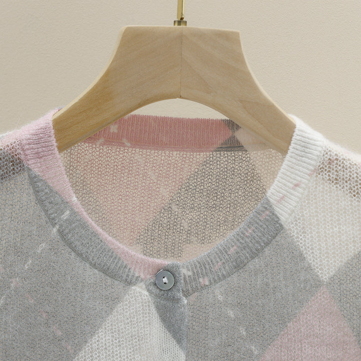 Damen Feiner Rundhals-Cardigan mit Rauten‑Argyle‑Muster aus leichtem Feinstrick Drune
