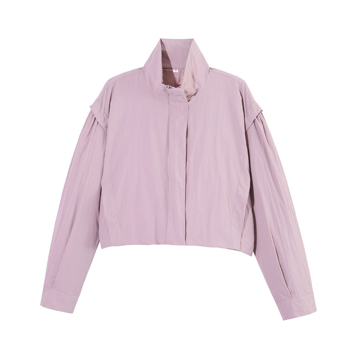 Damen Cropped-Blouson mit Stehkragen, geraffter Schulterpasse und weitem Ballonärmel Drune