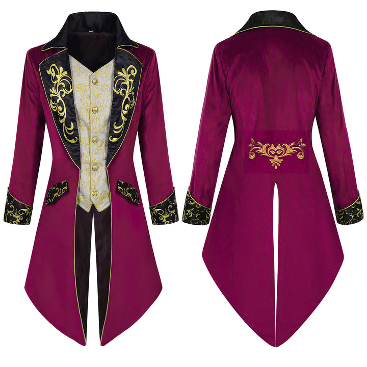 Herren nan eleganter Frackmantel im Barockstil mit goldbesticktem Revers und geteiltem Schwalbenschwanz Drune