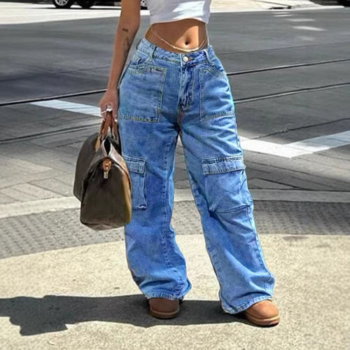 Damen Cargo-Jeanshose im weiten Baggy‑Cut mit hoher Taille und Utility‑Taschen Drune