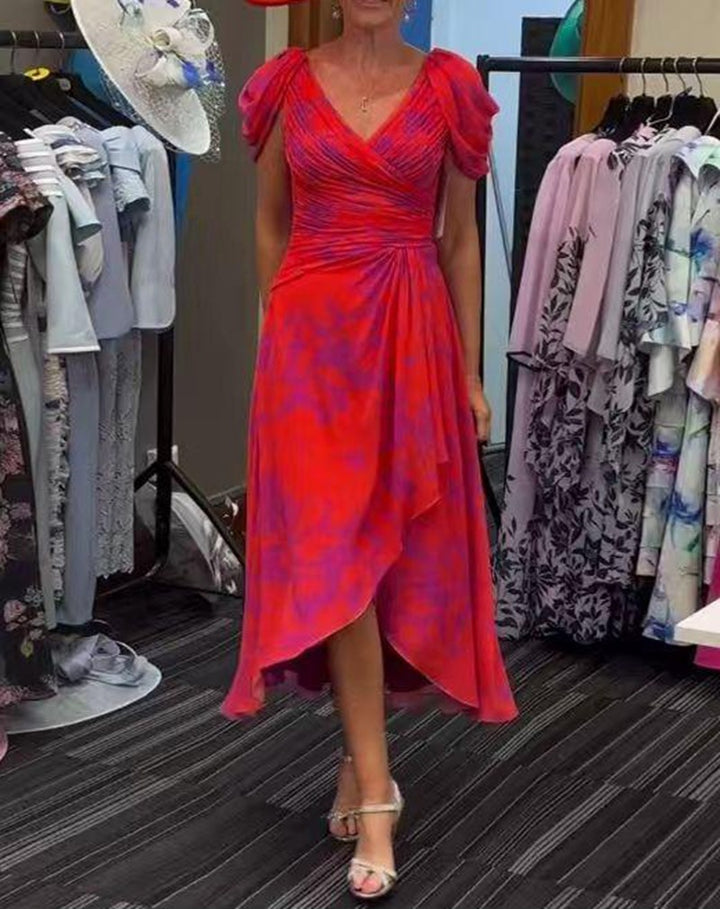 Damen nan Wickel-Midikleid mit gerafftem Oberteil, Puffärmeln und asymmetrischem Wasserfallsaum Drune