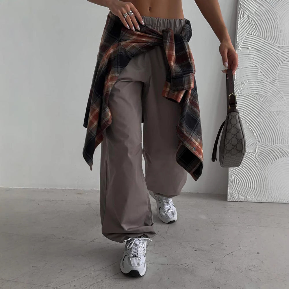 Damen weite hochgeschnittene Freizeithose mit elastischem Bund und tiefem Schritt Drune