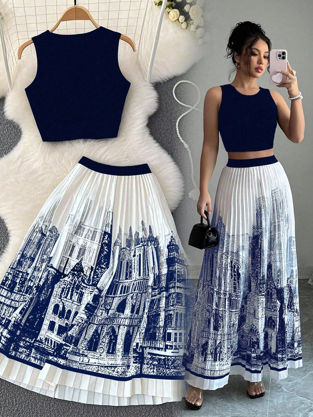 Damen-Set aus ärmellosem Crop-Top und weitschwingendem Maxirock im urbanen Design Drune