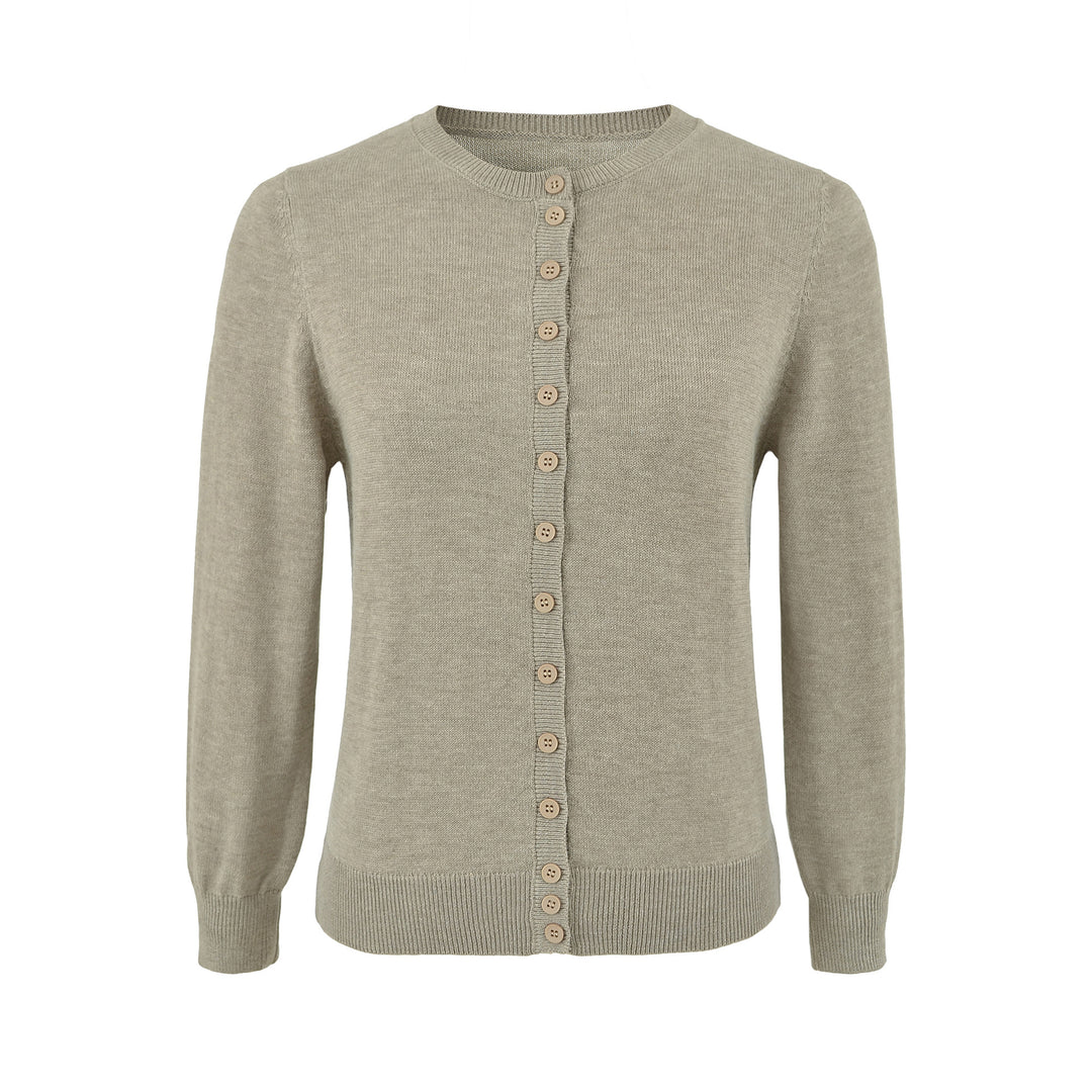 Damen Fein gestrickte Rundhals-Strickjacke mit Knopfleiste und Rippbündchen Drune