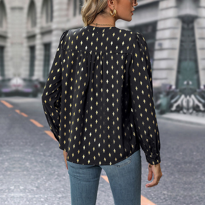 Damen Bedruckte Viskose-Bluse mit Rautendruck, Stehkragen und Ballonärmeln Drune