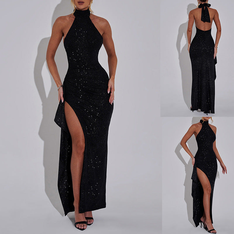 Damen Elegantes Abendkleid mit hohem Schlitz und Glitzerdetails Drune