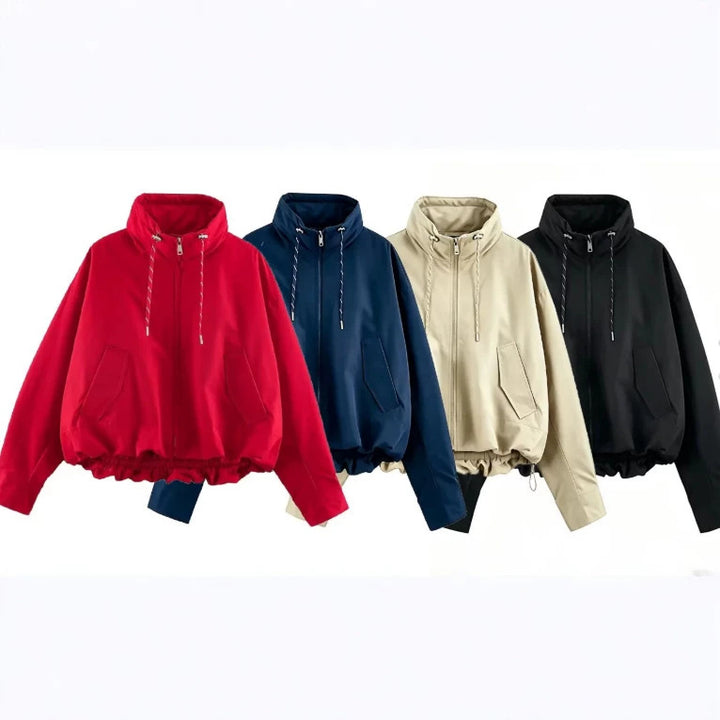 Damen Oversize Cropped Kapuzenjacke mit durchgehendem Reißverschluss, Kordelzug und gerafftem Saum Drune