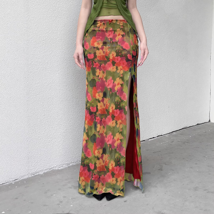 Damen Maxirock mit Chiffon-Overlay, floraler Allover-Print und hohem Seitenschlitz Drune